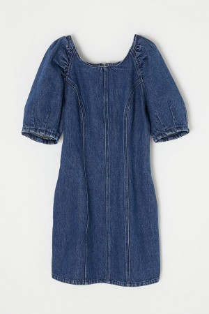 Dámské Šaty Moussy Gather Sleeve Denim Mini Blankyt | KBU7479NI