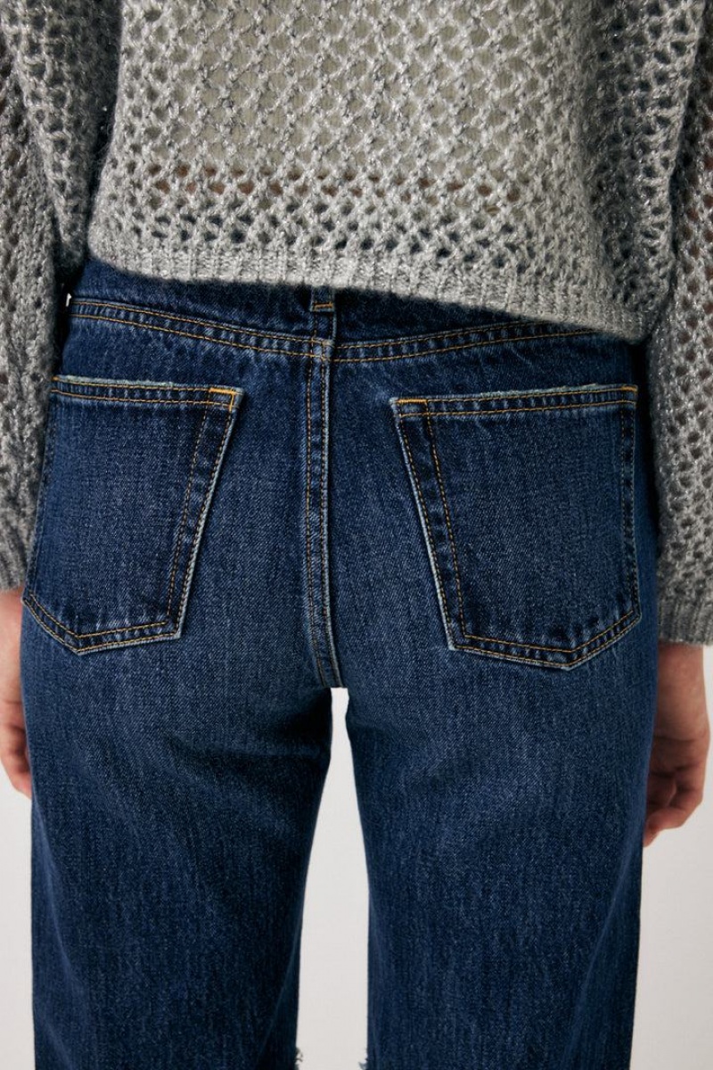 Dámské Džíny Moussy Low Pasem Slit Rovný Tmavě Blankyt | UMZ5898HH