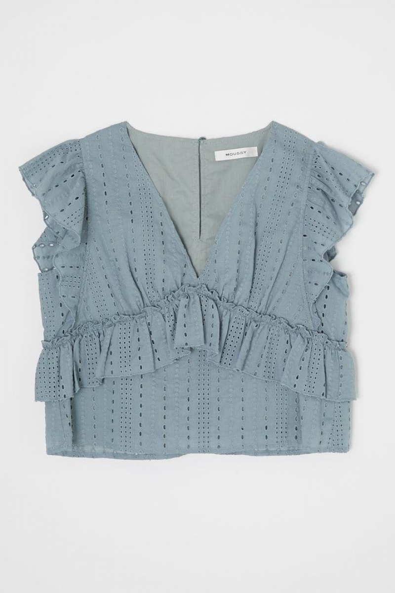 Dámské Vesta Moussy V-neck Krajkové Frill Top Světle Blankyt | JUN3674MO