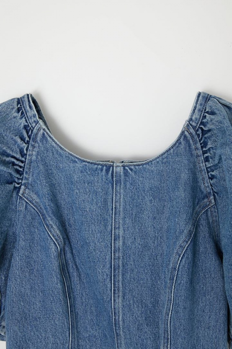 Dámské Šaty Moussy Gather Sleeve Denim Mini Světle Blankyt | CAF1577TL