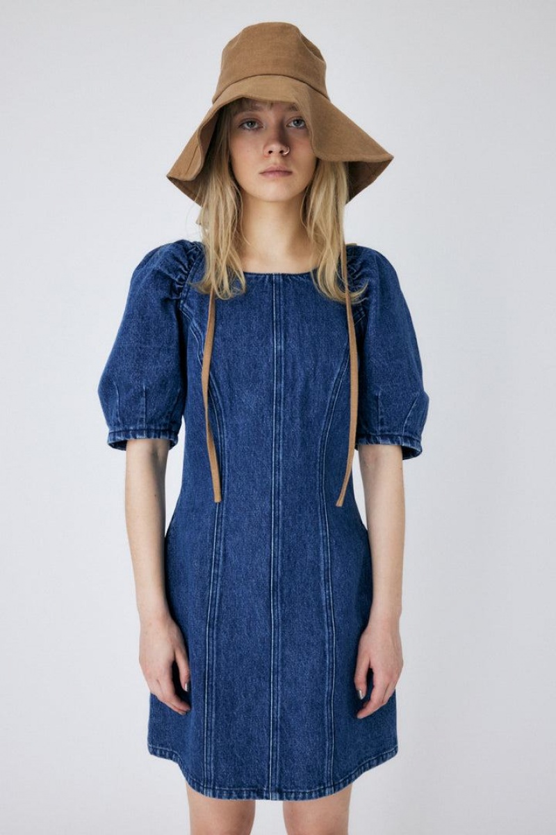 Dámské Šaty Moussy Gather Sleeve Denim Mini Blankyt | KBU7479NI