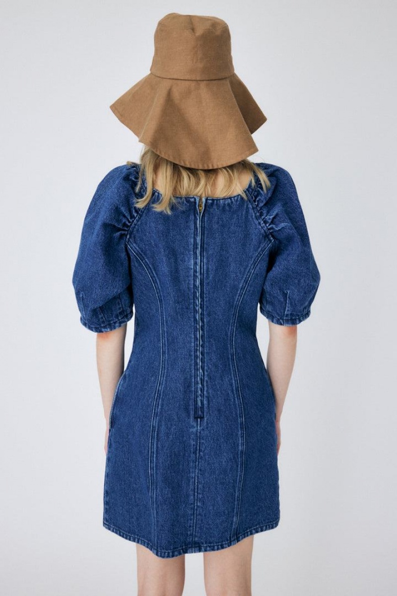 Dámské Šaty Moussy Gather Sleeve Denim Mini Blankyt | KBU7479NI