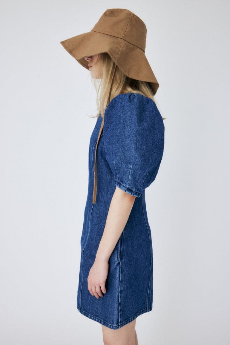 Dámské Šaty Moussy Gather Sleeve Denim Mini Blankyt | KBU7479NI