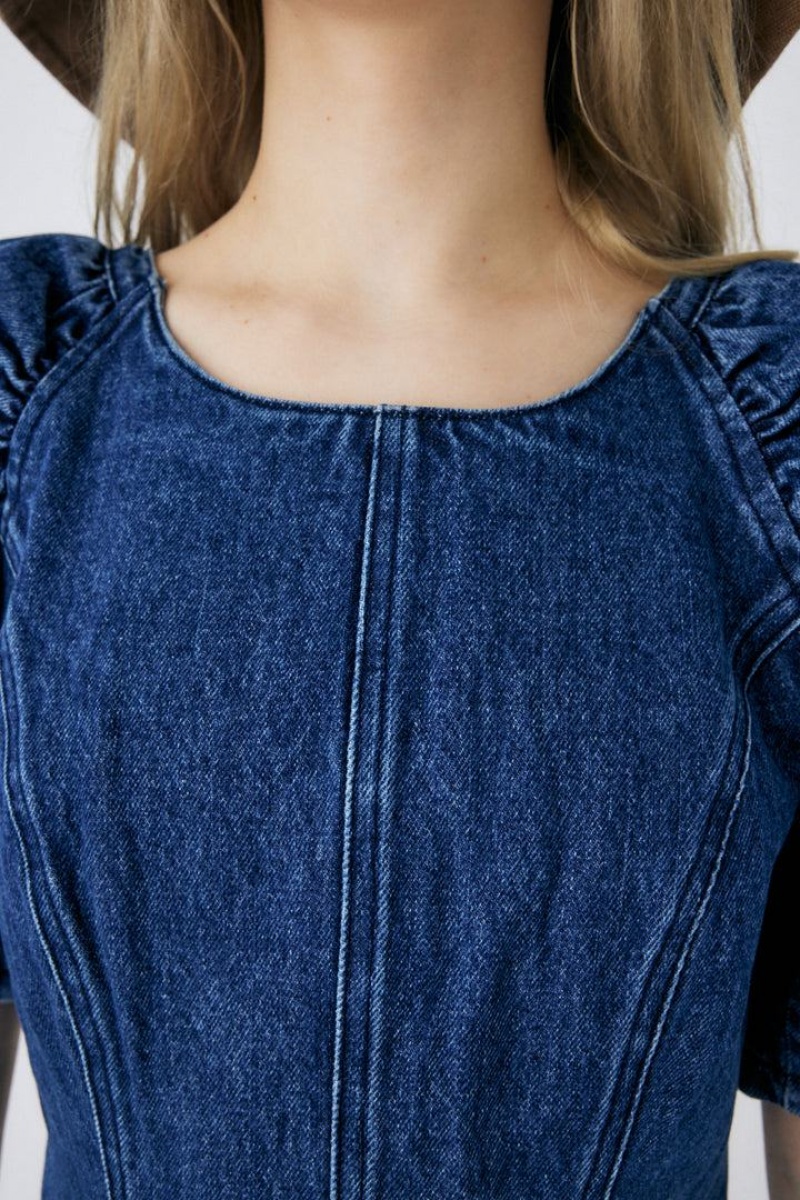Dámské Šaty Moussy Gather Sleeve Denim Mini Blankyt | KBU7479NI