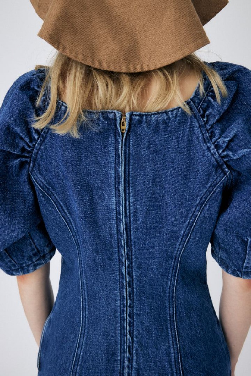 Dámské Šaty Moussy Gather Sleeve Denim Mini Blankyt | KBU7479NI