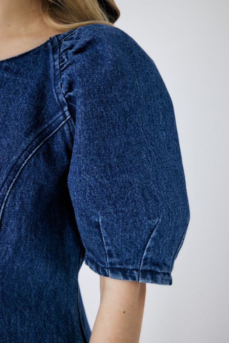 Dámské Šaty Moussy Gather Sleeve Denim Mini Blankyt | KBU7479NI