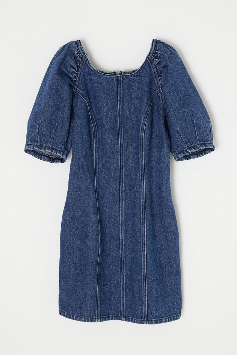 Dámské Šaty Moussy Gather Sleeve Denim Mini Blankyt | KBU7479NI
